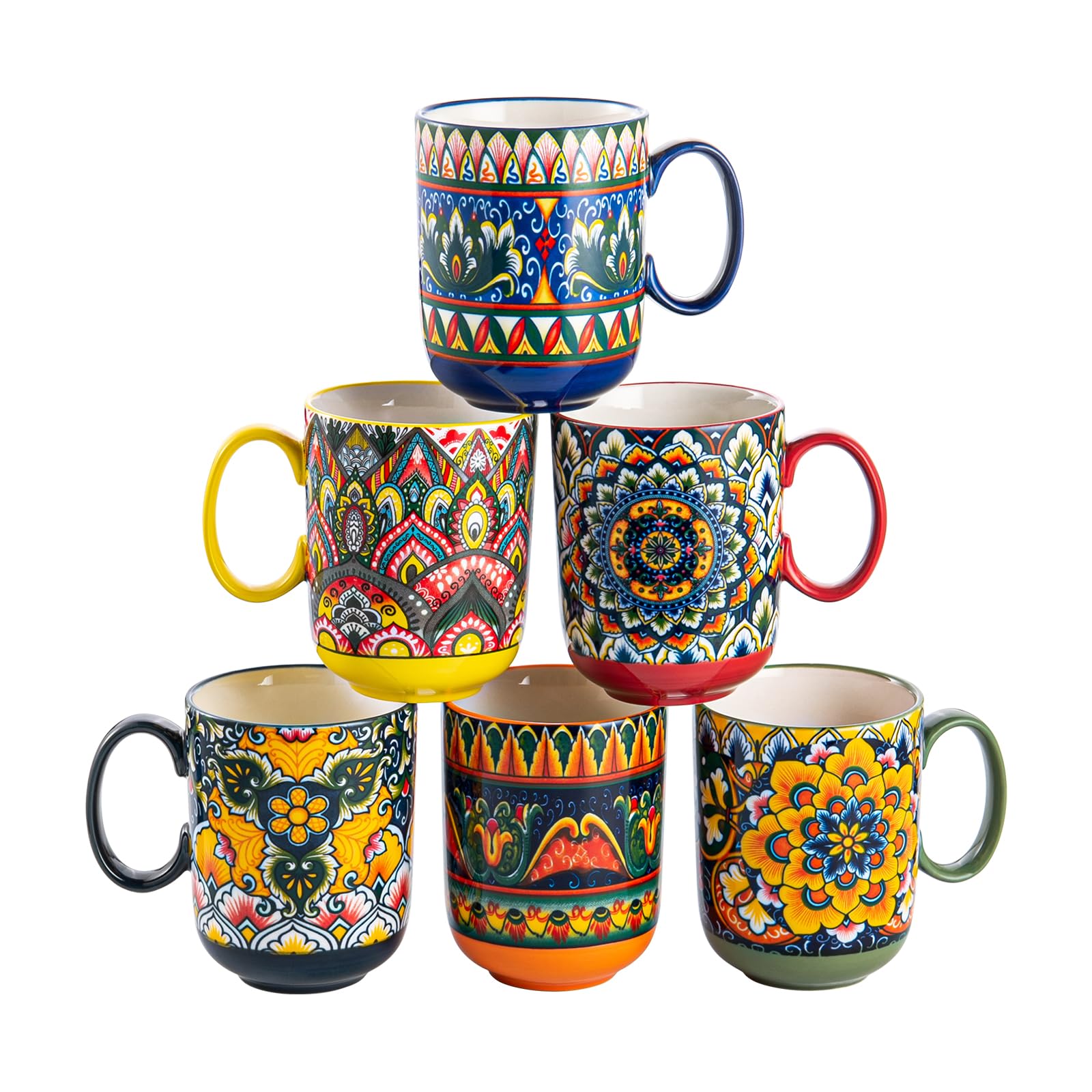 Henten Home Ceamic Coffee Mug Set of 6, 14 oz Colorful Latte Cup with Handle, Boho Floral Mug for Hot Cocoa, Milk, Tea, Chocolate, Microwave & Dishwasher Safe