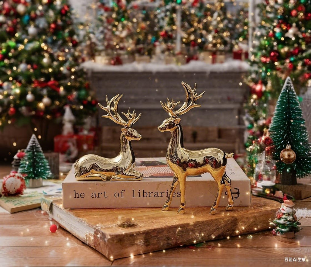 Suruim Gold Reindeer Christmas Decor Set - Elegant Deer Figurines for Table & Home Decor | 2 Pcs