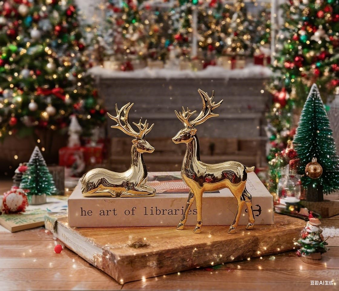 Suruim Gold Reindeer Christmas Decor Set - Elegant Deer Figurines for Table & Home Decor | 2 Pcs