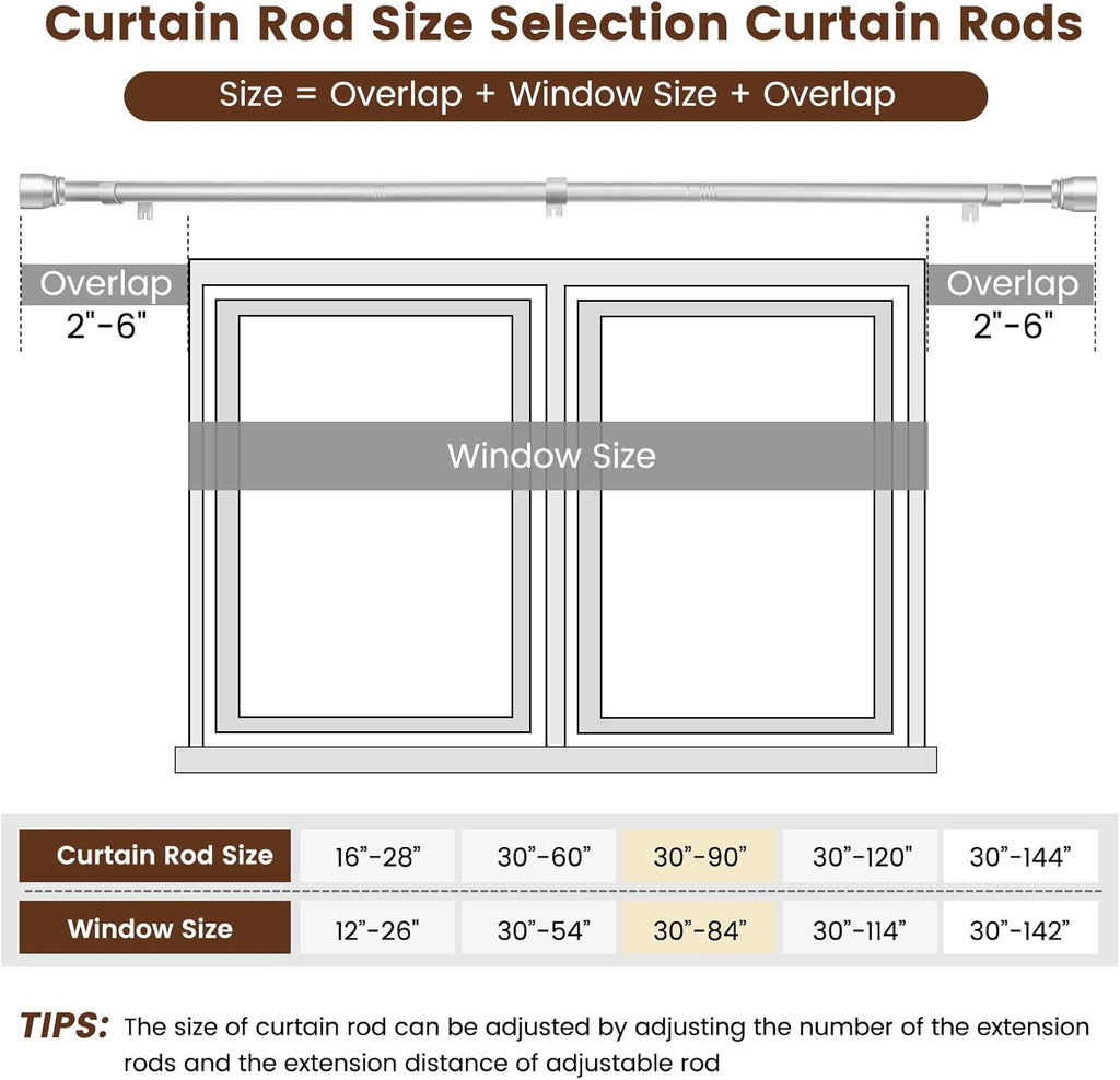 Skiennix 1" Diameter Silver Curtain Rod - Heavy Duty Adjustable 30-90 Inch for 30-84 Inch Windows