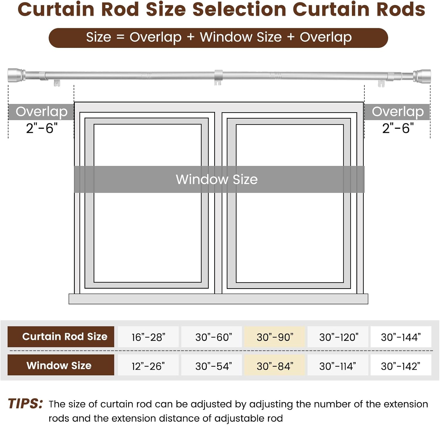 Skiennix 1" Diameter Silver Curtain Rod - Heavy Duty Adjustable 30-90 Inch for 30-84 Inch Windows