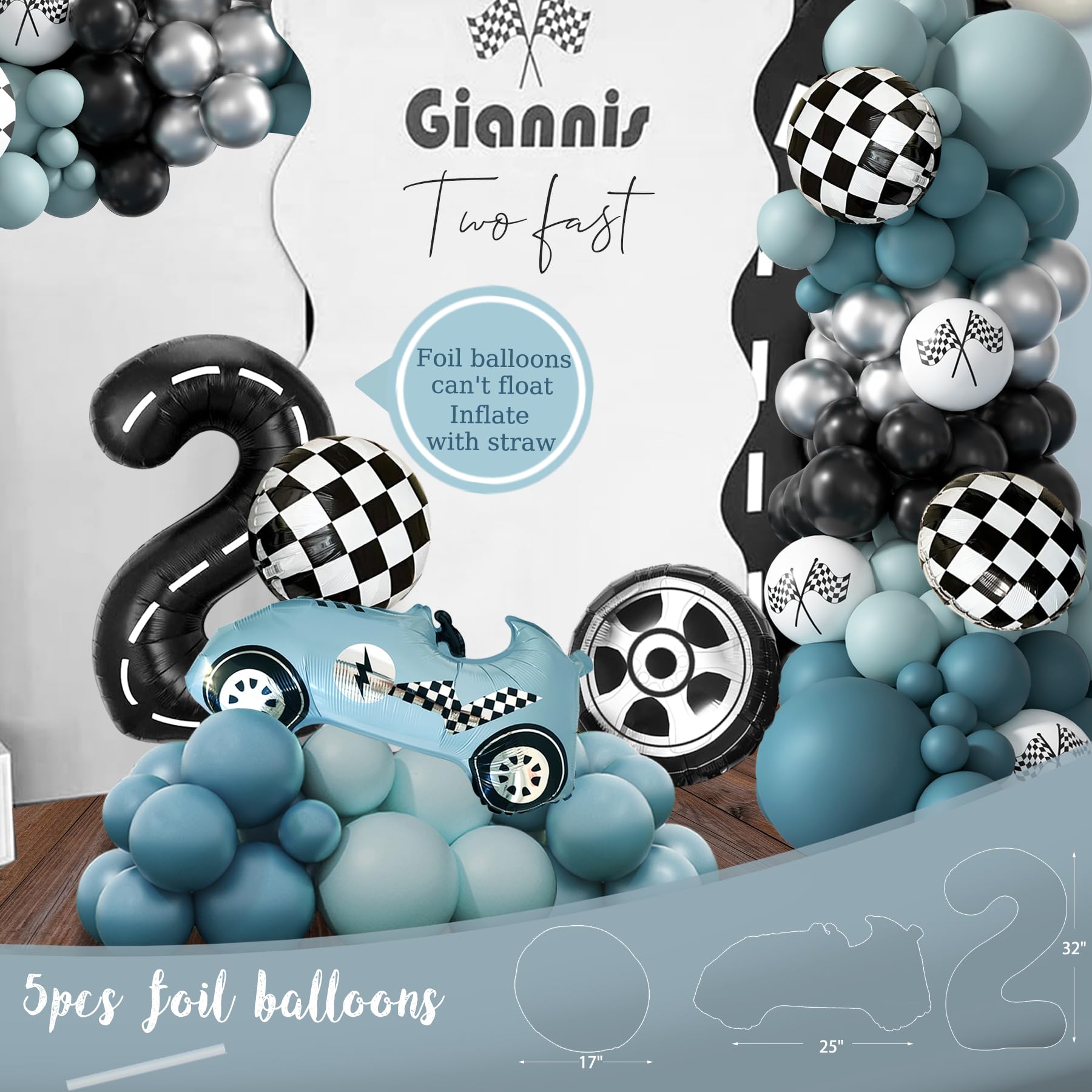 Two Fast Birthday Decorations, 2nd Birthday Decoration for Boys, Race Car Party Supplies for 2 Year Old with Balloon Garland Backdrop Tablecloth Box Crown Cake Topper