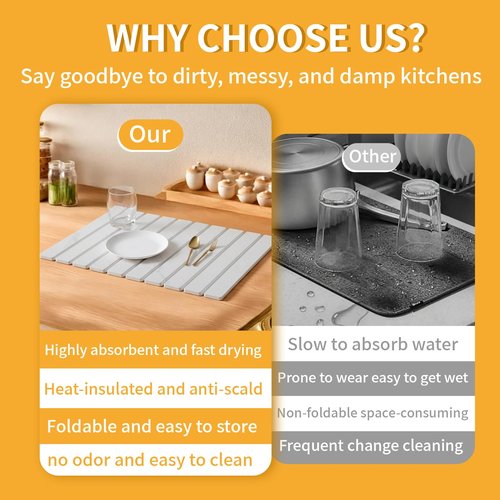 Stone Dish Drying Mat for Kitchen Counter, 24"×16" Foldable Stone Drying Mats, Non-Slip Fast Absorbent Diatomaceous Earth Stone Drying Matt for Kitchen Counter Dishes and Cups, Marbled White