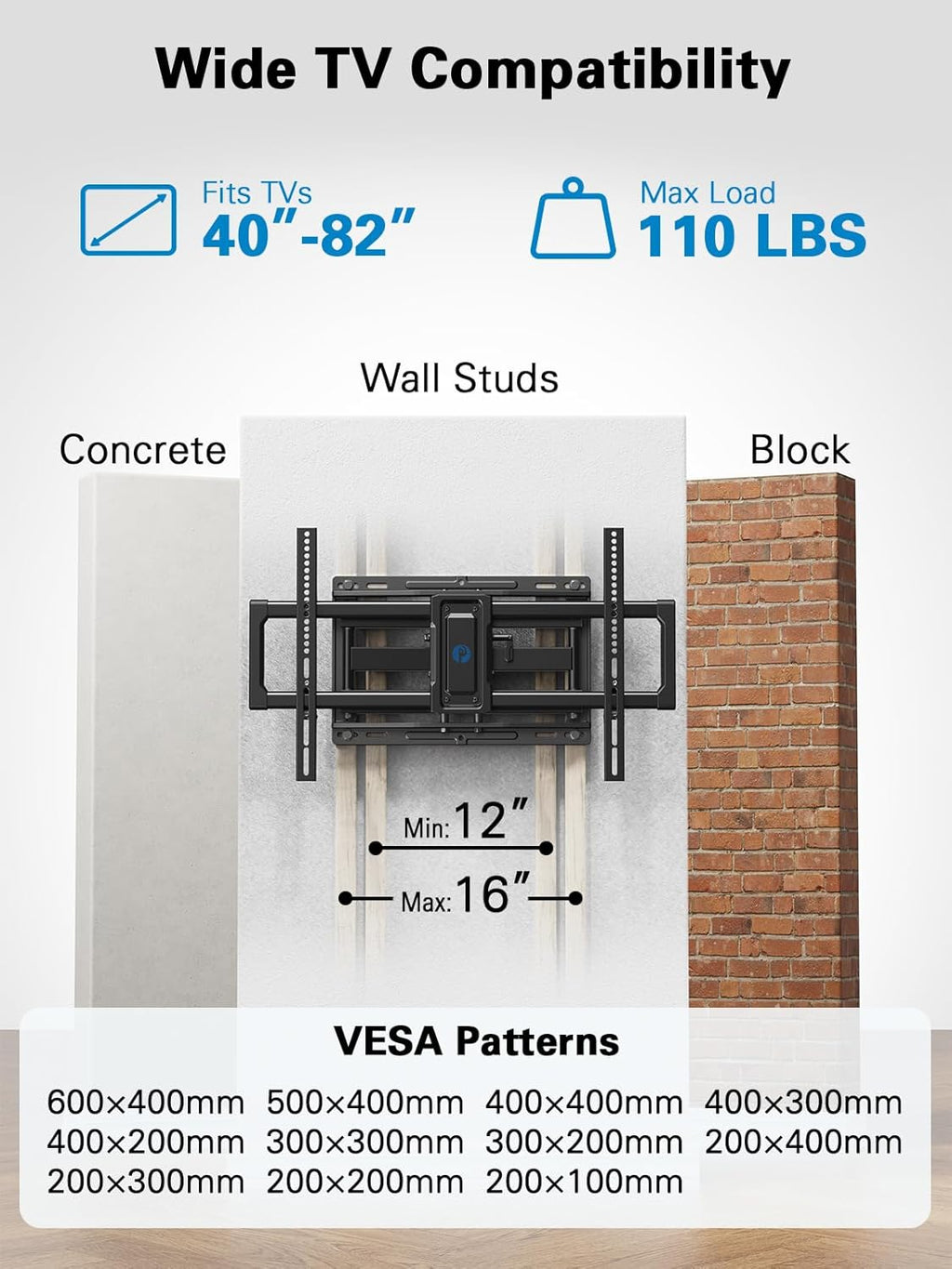 Pipishell Full Motion TV Wall Mount - Swivel Dual Arms for 40–82 Inch TVs | Max VESA 600x400mm, 110 lbs Capacity