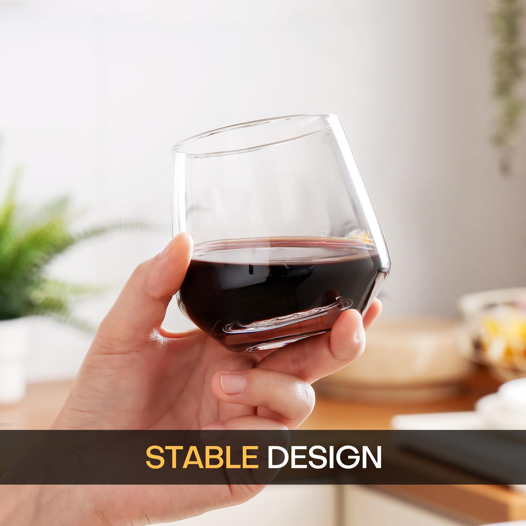 OUWO Stemless Wine Glasses Set of 6, 13.5oz Red White Wine Glasses for Daily Use, Hosting, Home Bar, Evening Party, Birthdays, Housewarming Gift, Clear