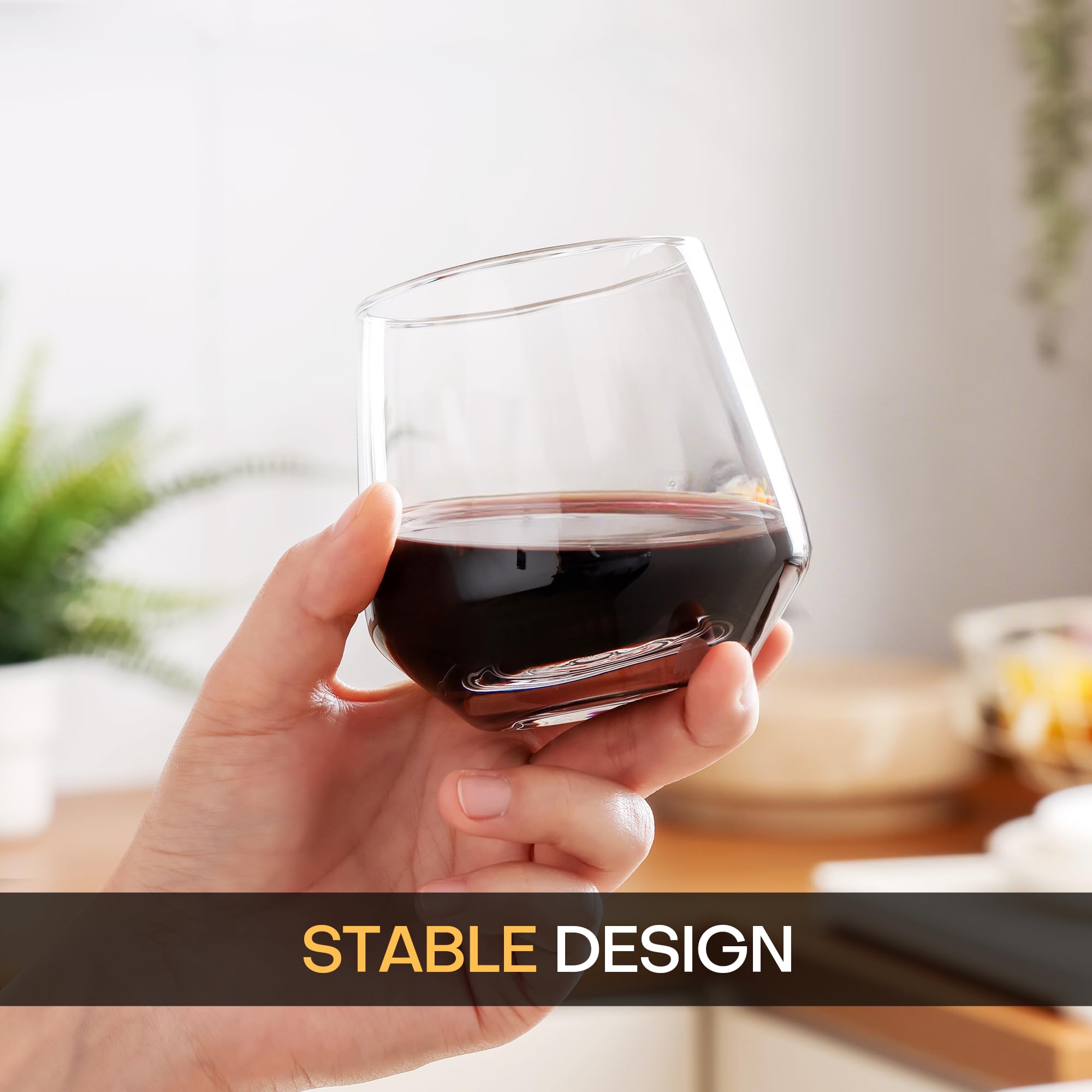 OUWO Stemless Wine Glasses Set of 6, 13.5oz Red White Wine Glasses for Daily Use, Hosting, Home Bar, Evening Party, Birthdays, Housewarming Gift, Clear