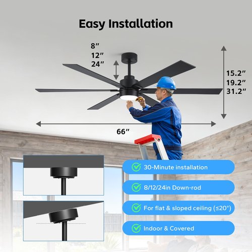 66 Inch Smart Ceiling Fan with Light, Modern Black Industrial Home Lighting & Ceiling fans with App/Voice/Remote Control, Damp-rated Large Airflow DC Outdoor Ceiling Fans for Patios Porch Outside