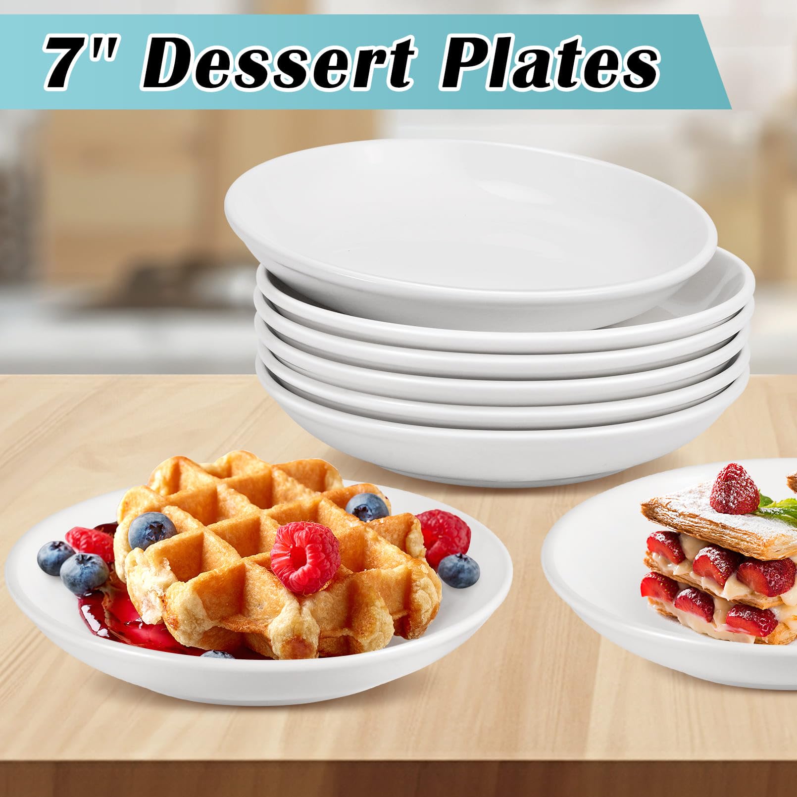 Cabaubl White Dessert Plates Ceramic,Set of 6 Small Dinner Plates,7 Inch Round Appetizer Plates,Ceramic Salad Plates Set,Ceramic Serving Dishes,Microwave and Dishwasher Safe