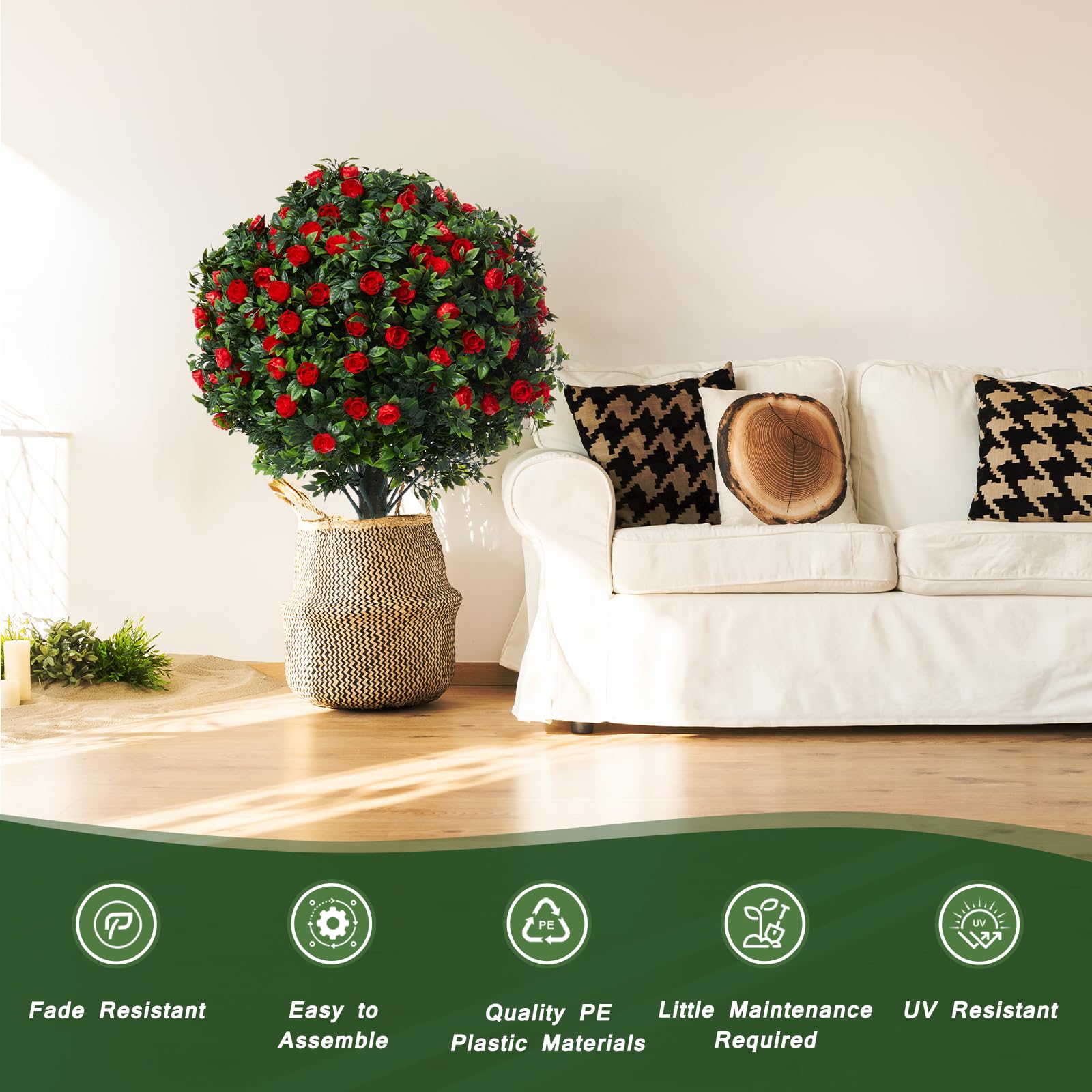 24" Artificial Boxwood Topiary Ball Trees with Red Rose,w/Ground Spike, Set of 2 UV Resistant Fake Evergreen Shrubs Bushes Plants for Artificial Plants,Fake Plants for Front Porch,Garden,Yard