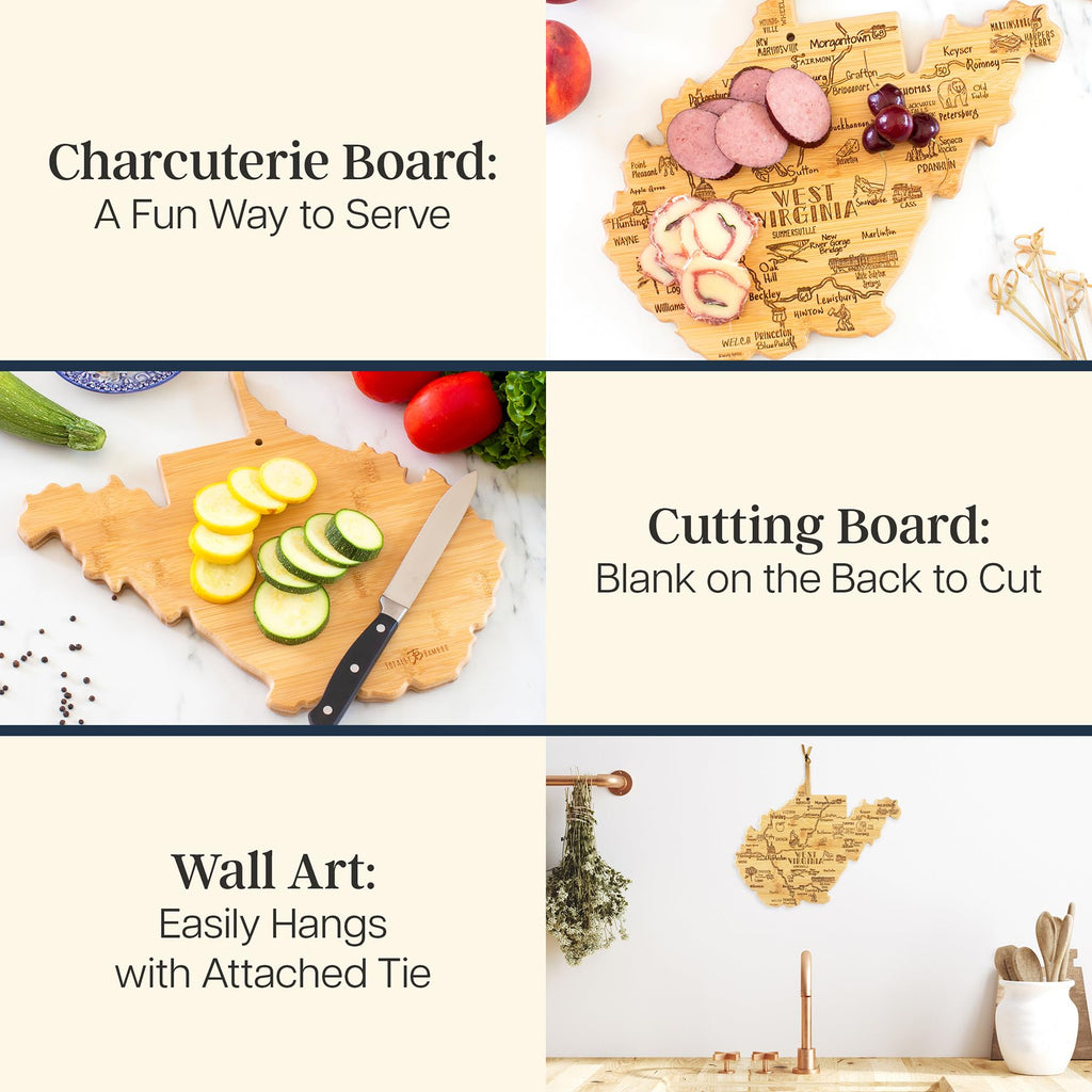 Totally Bamboo Destination West Virginia Shaped Cutting Board – Bamboo Charcuterie and Serving Board with Hang Tie for Wall Display