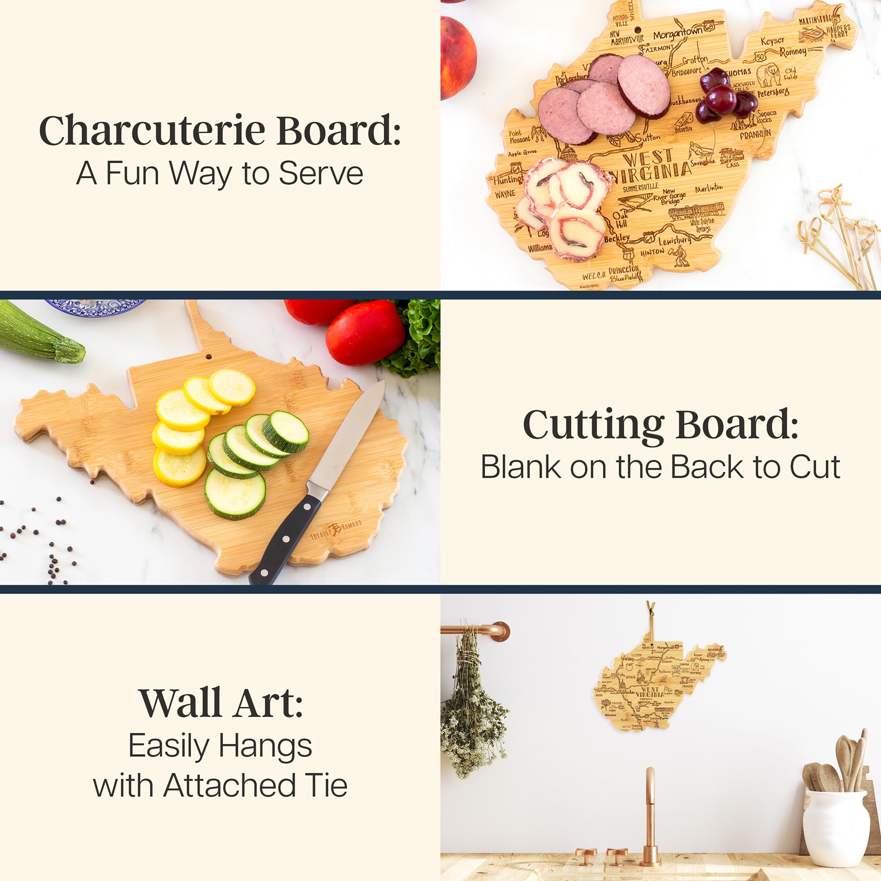 Totally Bamboo Destination West Virginia Shaped Cutting Board – Bamboo Charcuterie and Serving Board with Hang Tie for Wall Display