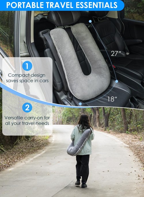 QUEEN ROSE Car Travel Pillow for Sleeping, Adjustable Head Support for Adults & Kids, Breathable Soft Neck Cushion for Road Trips, Machine Washable Cover, Grey