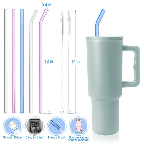 [6Pcs] Reusable Glass Straws for Simple Modern 40 oz - 12" x 10mm Replacement Glass Straws Shatter Resistant for Stanley 40 oz Tumbler, Straw with 2 Brushes for Stanley Cup Accessories