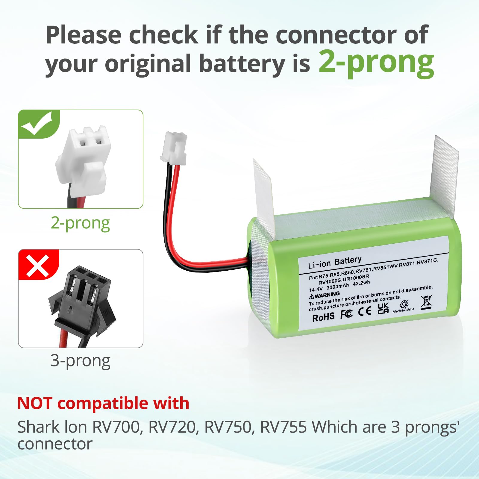 YAYA-Bechine 14.4V 3000mAh Replacement RVBAT850 Battery for Shark Ion Robot R75, RV761, RV850C, RV1000S, RV1100VL, RV101AE, UR1000SR, RV700_N, RV720_N Vacuum Cleaners (2-Prong Connector)
