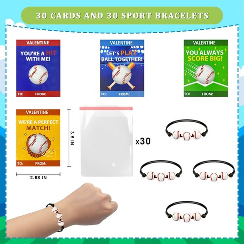 Baseball Valentines Day Classroom Exchange Gifts for Kids,30 Pack Sports Bracelets with Cards for Boy Girl,Valentine Non Candy Treats Party Favors Goodie Bag Stuffers,School Prizes for Toddler Student