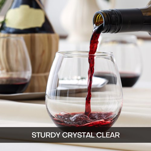 OUWO Stemless Wine Glasses Set of 4, 15oz Red & White Wine Glasses for Daily Use, Wedding, Birthdays, Housewarming Gift, Hosting, Home Bar, Evening Party(Clear)