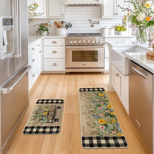 Artoid Mode Truck Flowers Spring Kitchen Mats Set of 2, Summer Home Decor Low-Profile Kitchen Rugs for Floor - 17x29 and 17x47 Inch
