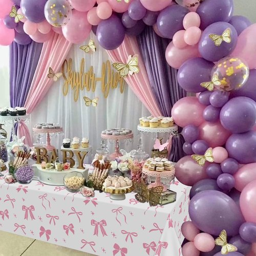 APUXXJUPA 4 Pcs Pink Bow Table Cloths, 51 x 86 '' White and Pink Bow Birthday Decorations for Coquette Birthday Decorations Baby Shower Party Supplies
