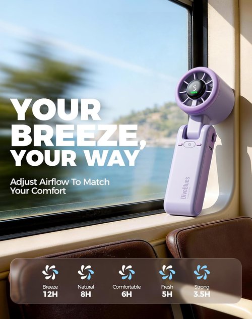Diveblues Portable Handheld Turbo Fan - 5-Speed Wind, Battery Operated, 12-Hour Runtime | Ideal for Travel & Outdoor Use
