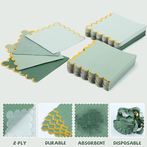 Saypacck 100 Pack Scalloped Cocktail Napkins with Gold Foil Accents Beverage Napkins Scalloped Disposable Paper for Wedding Shower Baby Dinner Birthday Party Supplies 5 x 5''(Green)