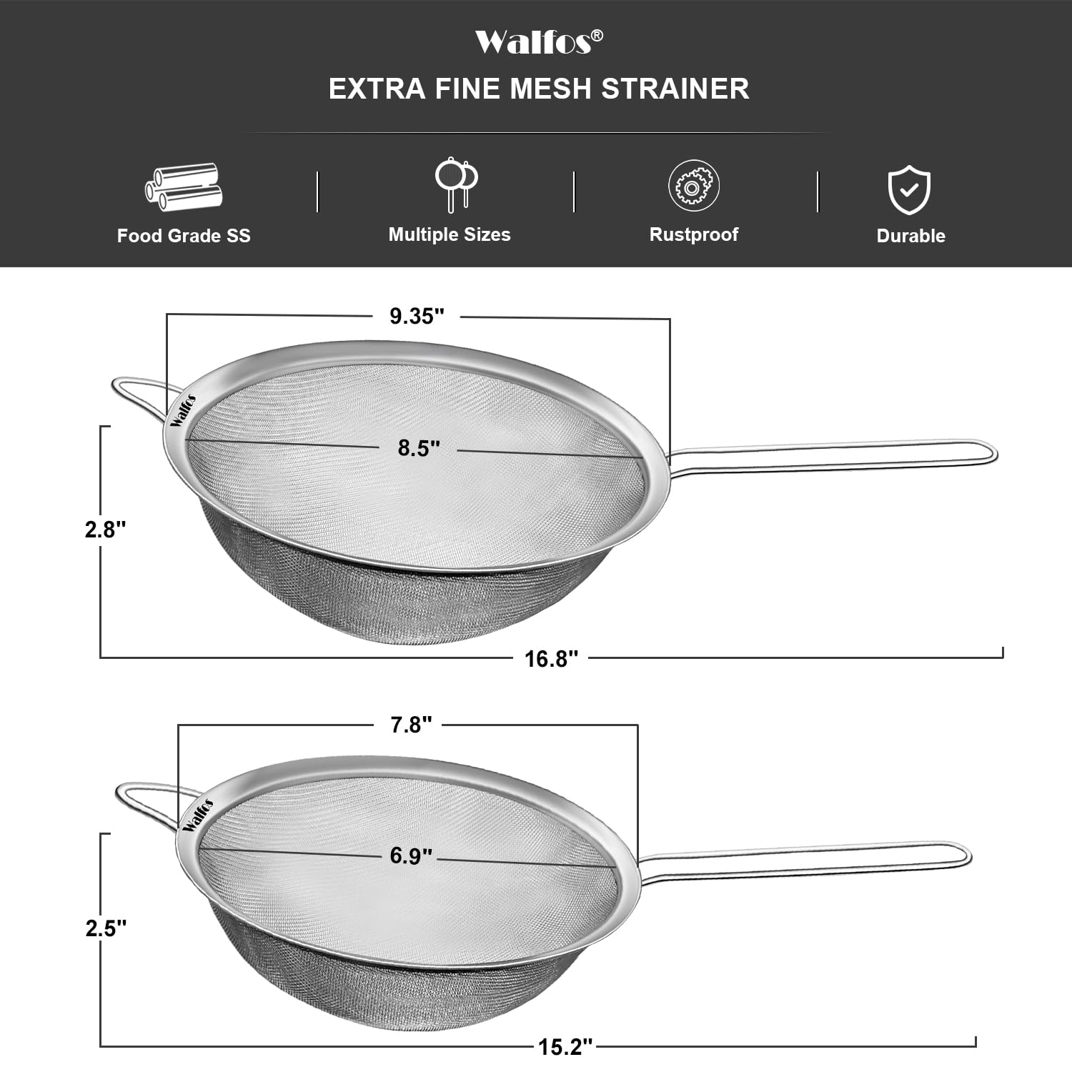 Walfos Large Fine Mesh Strainer 9.35" & 7.8", Stainless Steel Mesh Sieve with Sturdy Handle, Kitchen Metal Food Strainers for Quinoa, Rice, Pasta, Fruits, Vegetables, etc., Set of 2