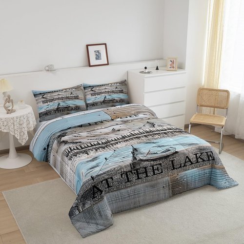 Erosebridal Lake House Queen Size Comforter Set, Rustic Farmhouse Bedding Set for Kids Boys Teens Adult Women, Wooden Bridge Blue Grey Duvet Sets Mountain Barn Door Duvet Insert Gift for Lake Lover