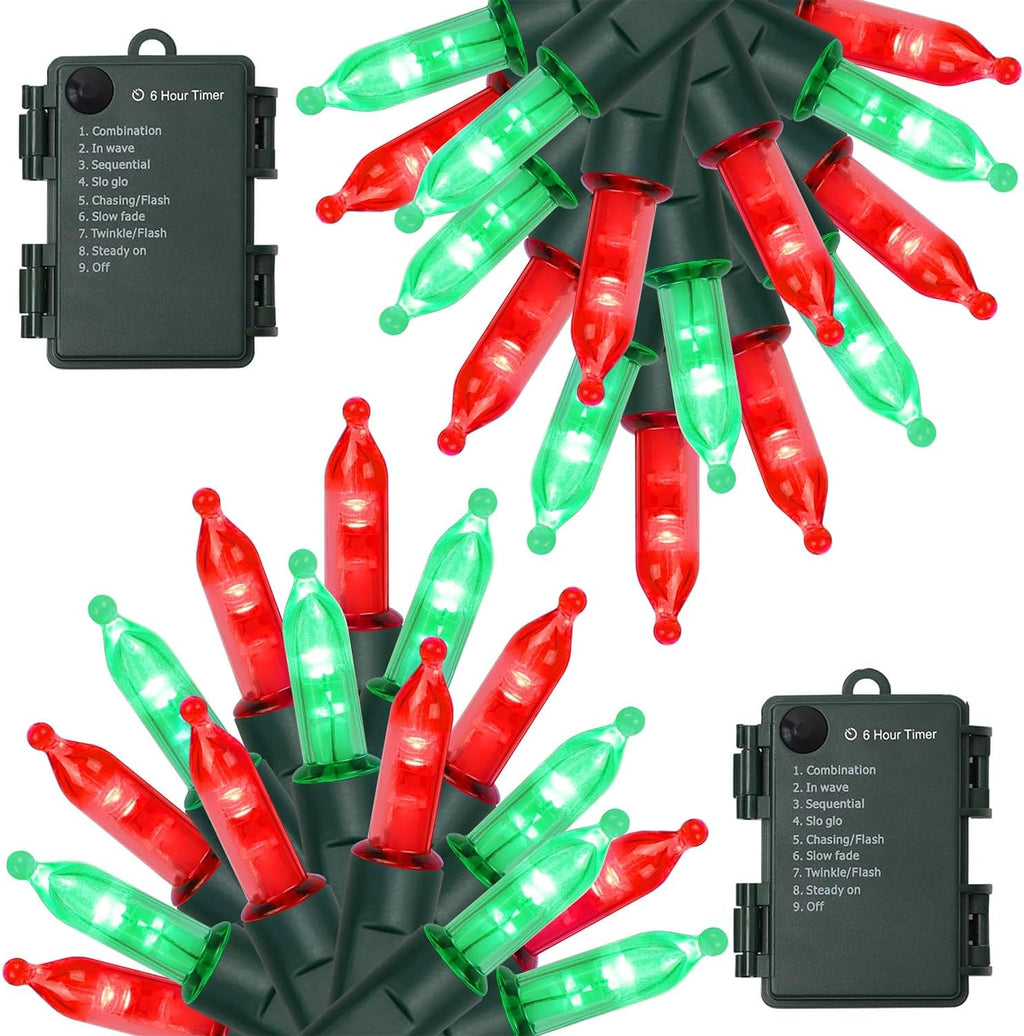 WATERGLIDE 50 LED Outdoor Christmas Lights - 16FT Battery Operated Mini String Lights | Waterproof Red & Green with 8 Modes & Timer for Holiday Decor
