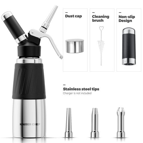 Whipped Cream Dispenser,Stainless Steel Bottle With Aluminum Head,1-Pint/500mL,Whip Cream Maker Canister with 3 Decorating Nozzles & Cleaning Brush - for Desserts, Coffee Foam & Cold Foam (500ml)