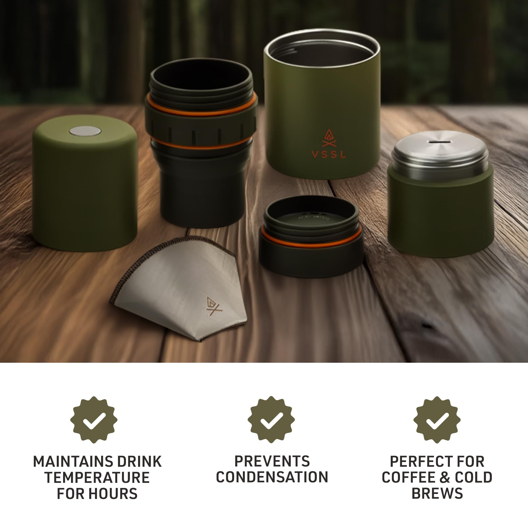 VSSL - Nest Pour Over Coffee Kit | Coffee Maker for Camping | All-In-One Travel Pour Over | Transportable Dripper, Two 10oz Stainless Steel Travel Mugs | Compact Storage & Adventure Ready | Deep Moss
