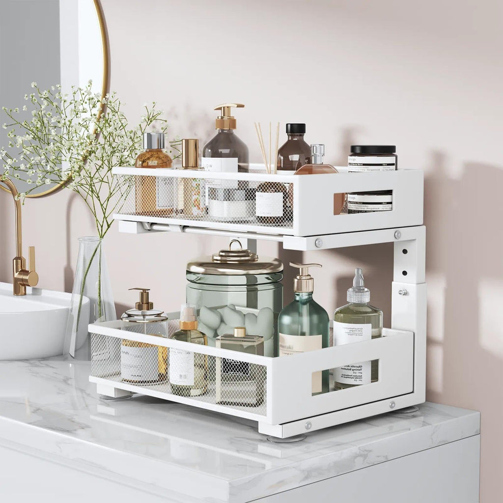 Under Sink Organizer, 2-Tier Dual Pull Out Cabinet Organizer Drawers With Smooth Circular Rail, Large Capacity Metal Mesh Sliding Shelves For Bathroom& Kitchen Storage,Height Adjustable–White,2 Packs