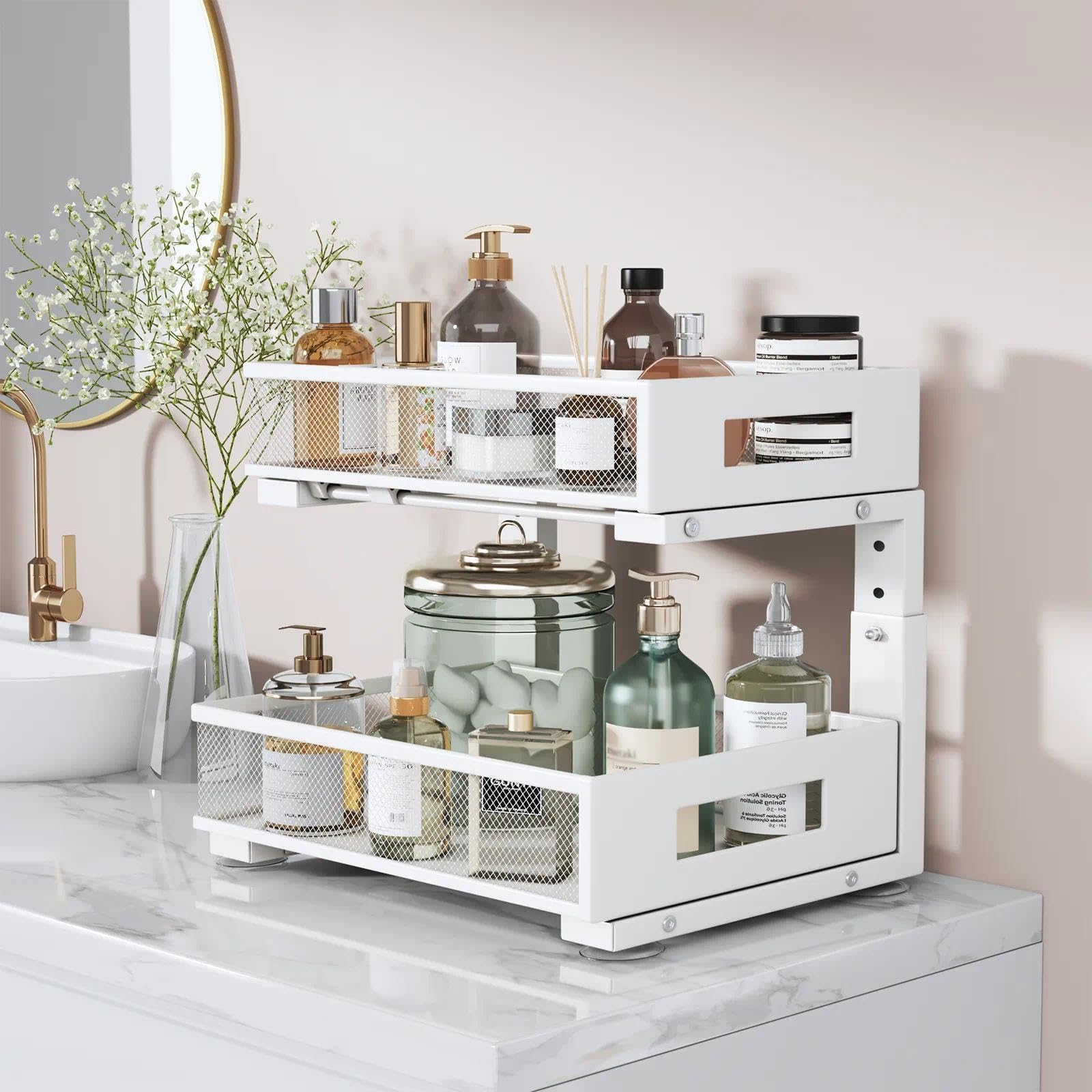Under Sink Organizer, 2-Tier Dual Pull Out Cabinet Organizer Drawers With Smooth Circular Rail, Large Capacity Metal Mesh Sliding Shelves For Bathroom& Kitchen Storage,Height Adjustable–White,2 Packs