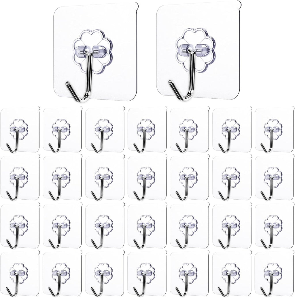 Strong Adhesive Wall Hooks by 30-Pack | Heavy Duty Self-Adhesive Towel & Coat Organizer - Transparent