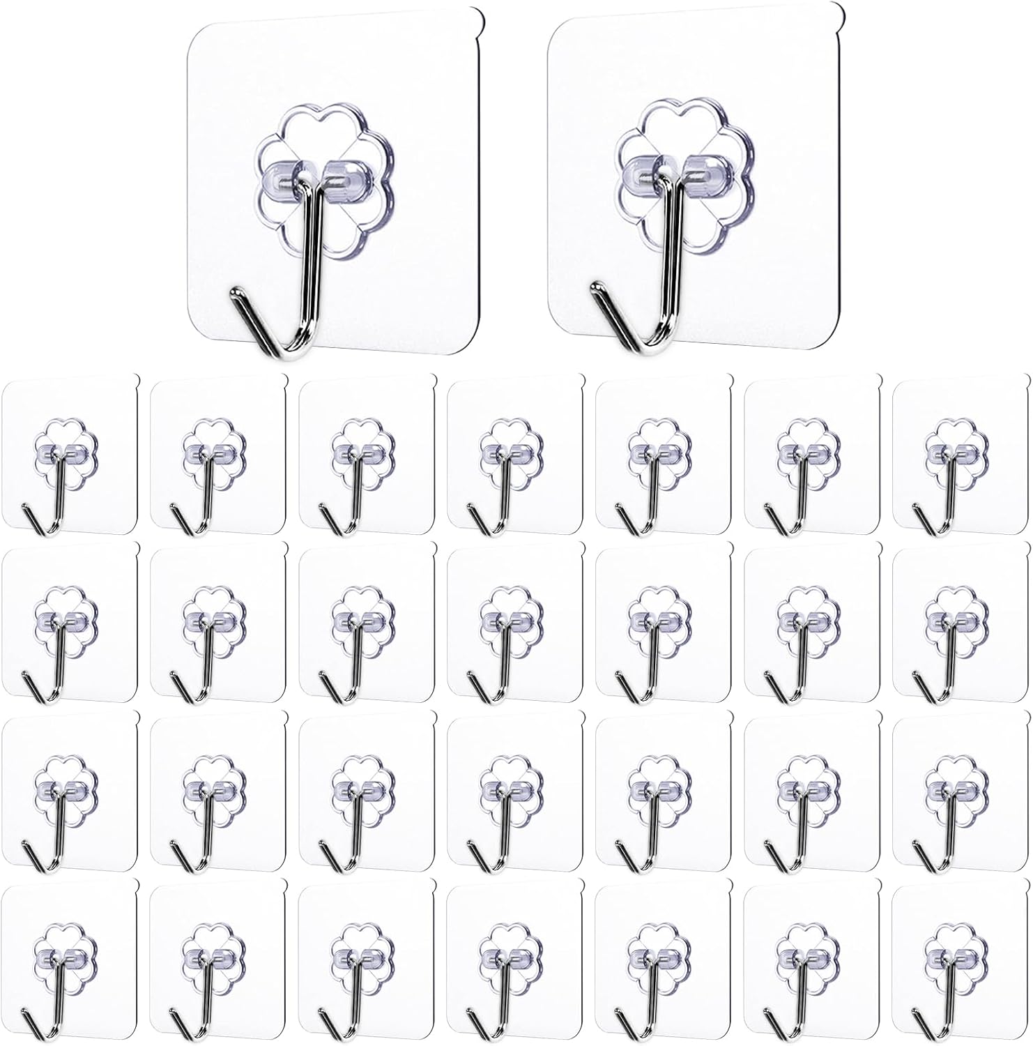 Strong Adhesive Wall Hooks by 30-Pack | Heavy Duty Self-Adhesive Towel & Coat Organizer - Transparent