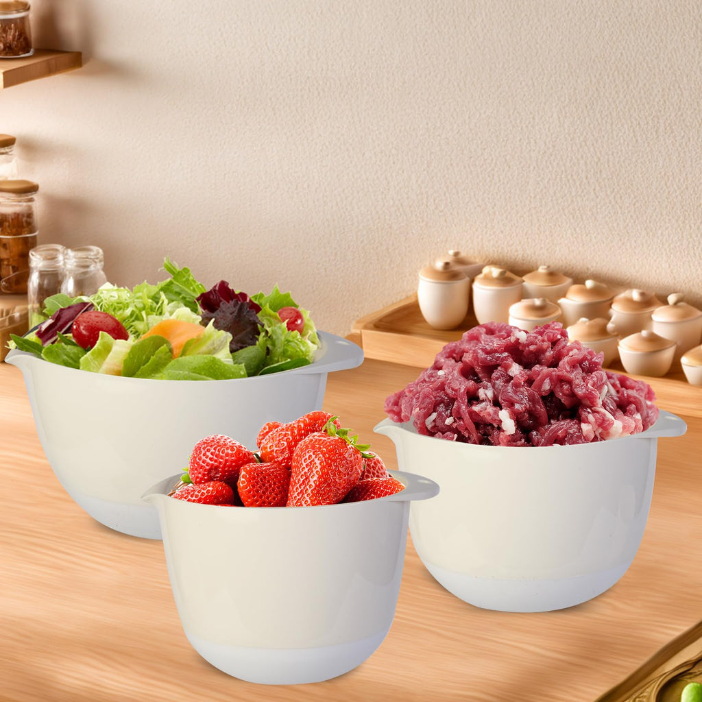 JCXivan 3 Plastic Mixing Bowls with Pour Spout,Lids and TPR Non-Slip Bottom,Small Nesting Batter Bowl Set for Kitchen Prep,Baking,Storage,BPA Free,Easy to Grip,1.5Qt,2Qt,3Qt,White