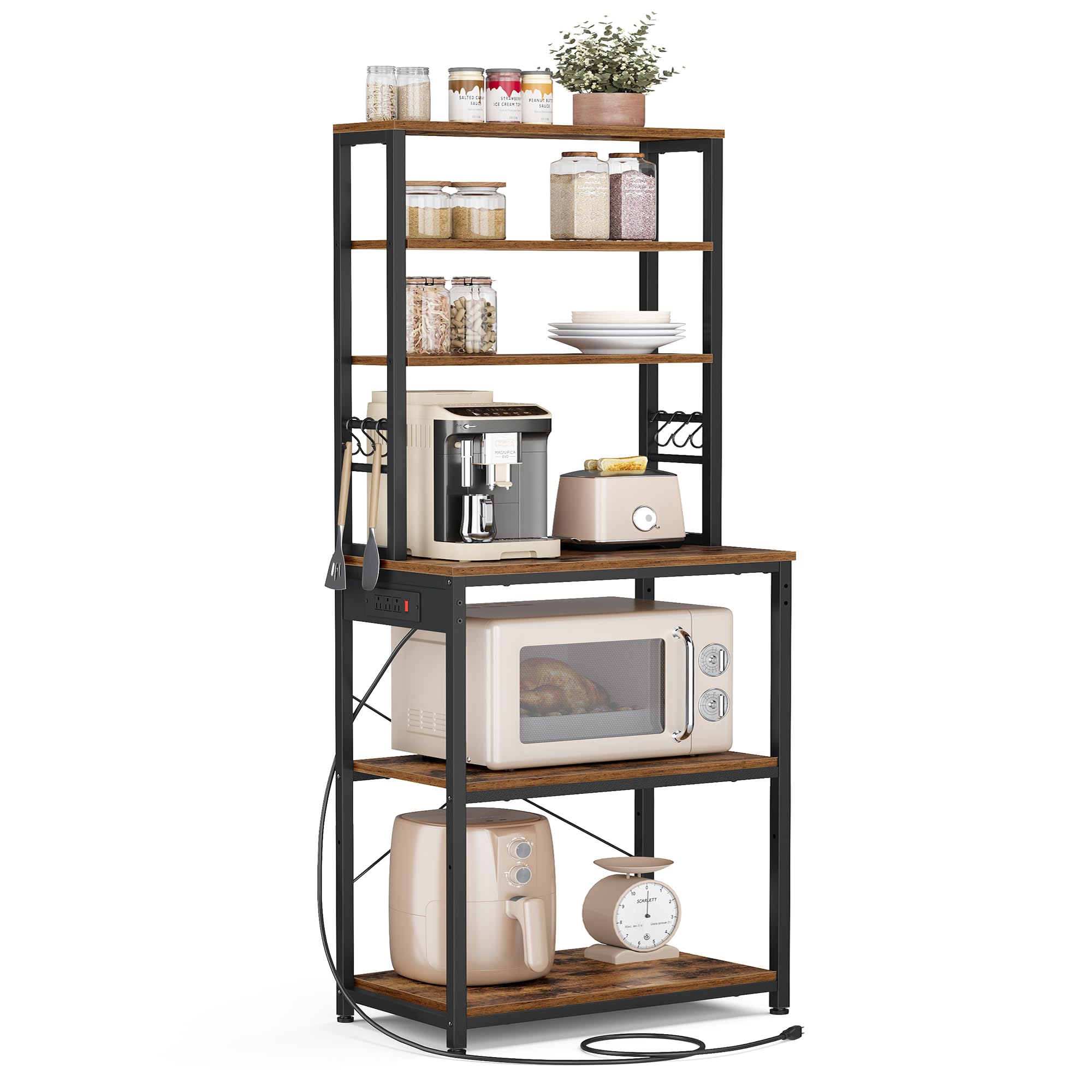 VASAGLE Bakers Rack with Power Outlet, 23.6 Inches Coffee Bar for Kitchen with Storage, 6-Tier Kitchen Shelves with 6 Hooks, Microwave Stand, Industrial, Rustic Brown and Ink Black UKKS124K03