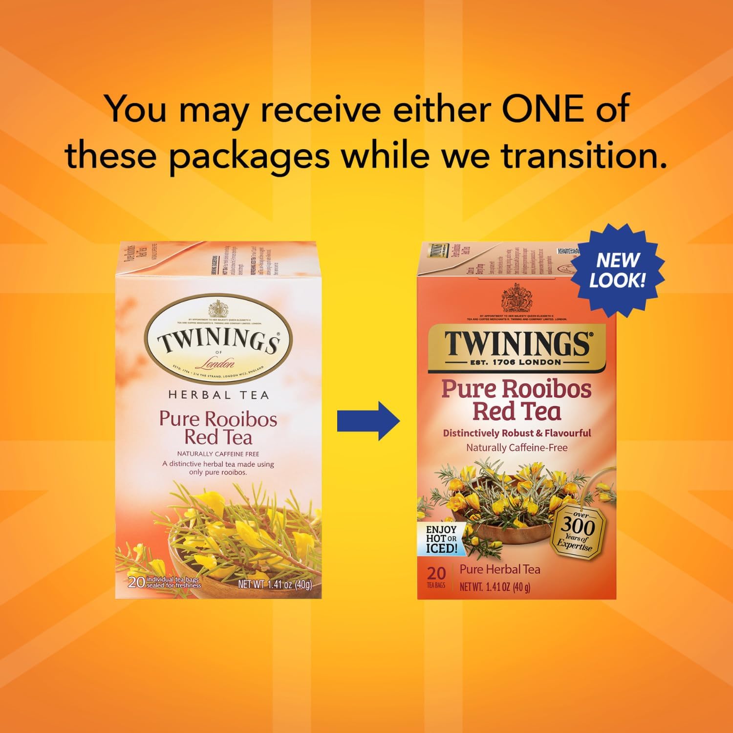 Twinings Pure Rooibos Red Tea - Naturally Sweet & Tangy Caffeine-Free Herbal Tea Bags | 20 Count (Pack of 2)