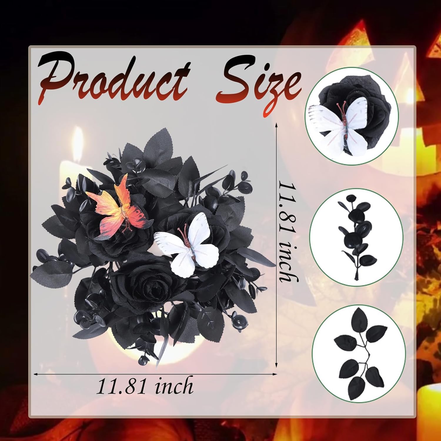 Regine Switzerland Halloween Rose Candle Ring Wreath - Gothic Black Floral with Butterfly & Artificial Leaves | Elegant Table Centerpiece