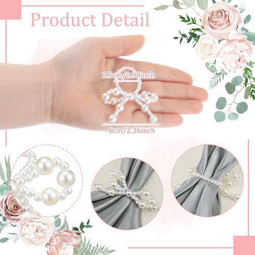 Gandeer 12 Pcs Pearl Bow Napkin Rings Imitation Bow Pearl Ring Napkin Holder Delicate Beaded Serviette Buckles for Christmas Wedding Party Dinner Table Decor and Daily Use(Elegant)