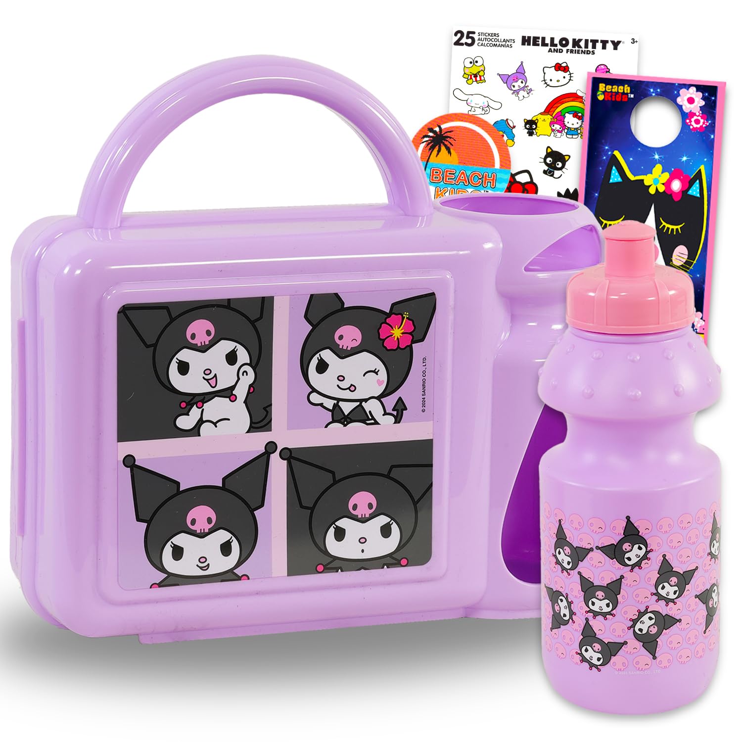 SANRIO Kuromi Lunch Box for Girls - Bundle Lunchbox with Water Bottle Plus Stickers, More | Kuromi Lunch Container for Kids Set