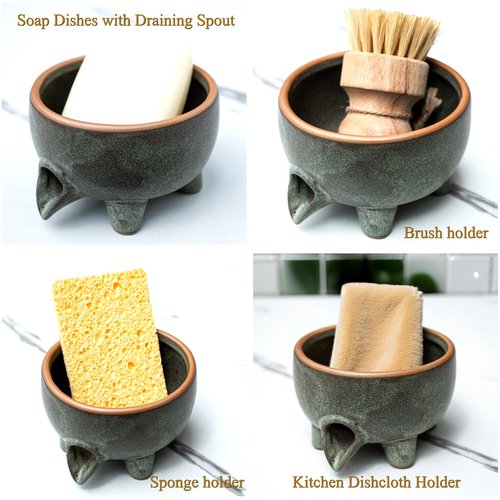 Wowhalolo Soap Dish with Drainage，Ceramic Self Draining bar Soap Holder for Shower，Bathroom，Sink，Kitchen and Countertop，Keeps Bars Dry& Lasts Longer，Avocado Green
