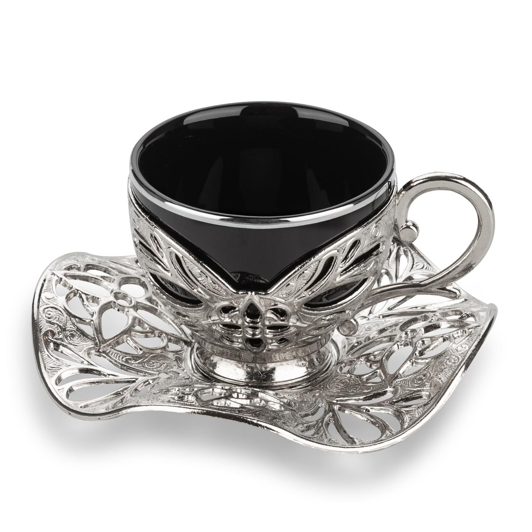 Alisveristime Turkish Coffee Set for Six, 6 Black Porcelain Cups with Gilded Rims, Zamac Holders and Saucers, Two Color Variations: Gold and Silver (Gilded-Design) (Silver)