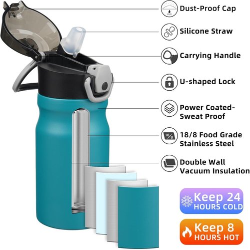 BJPKPK Stainless Steel Insulated Water Bottle - 14oz Reusable Thermal Flask with Straw Lid | Keeps Drinks Hot & Cold - Laguna