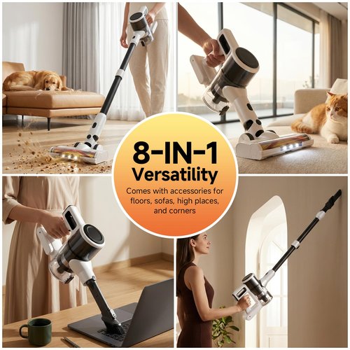 BSNAW Cordless Vacuum Cleaner for Home - Lightweight, Stick Vacuum Clean with Rechargeable Battery, Max 45Mins Runtime, 8 in 1 Handheld Vacuum for Hardfloor & Carpets Pet Hair, White&Yellow