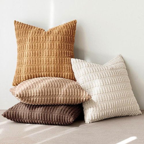 MIULEE Decorative Throw Pillow Covers - Pack of 4 Neutral Corduroy 18x18 Inch for Rustic Farmhouse Home Decor | Soft Striped Design in Brown