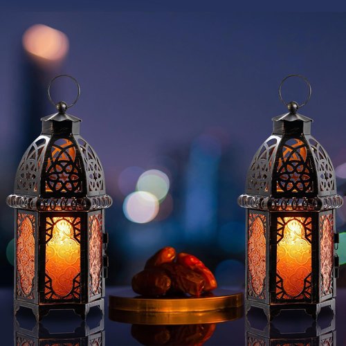 DECORKEY Vintage Moroccan Candle Lantern Set - Large 12.8’’ Metal Hanging & Tabletop Decor | Amber Color for Indoor & Outdoor Use