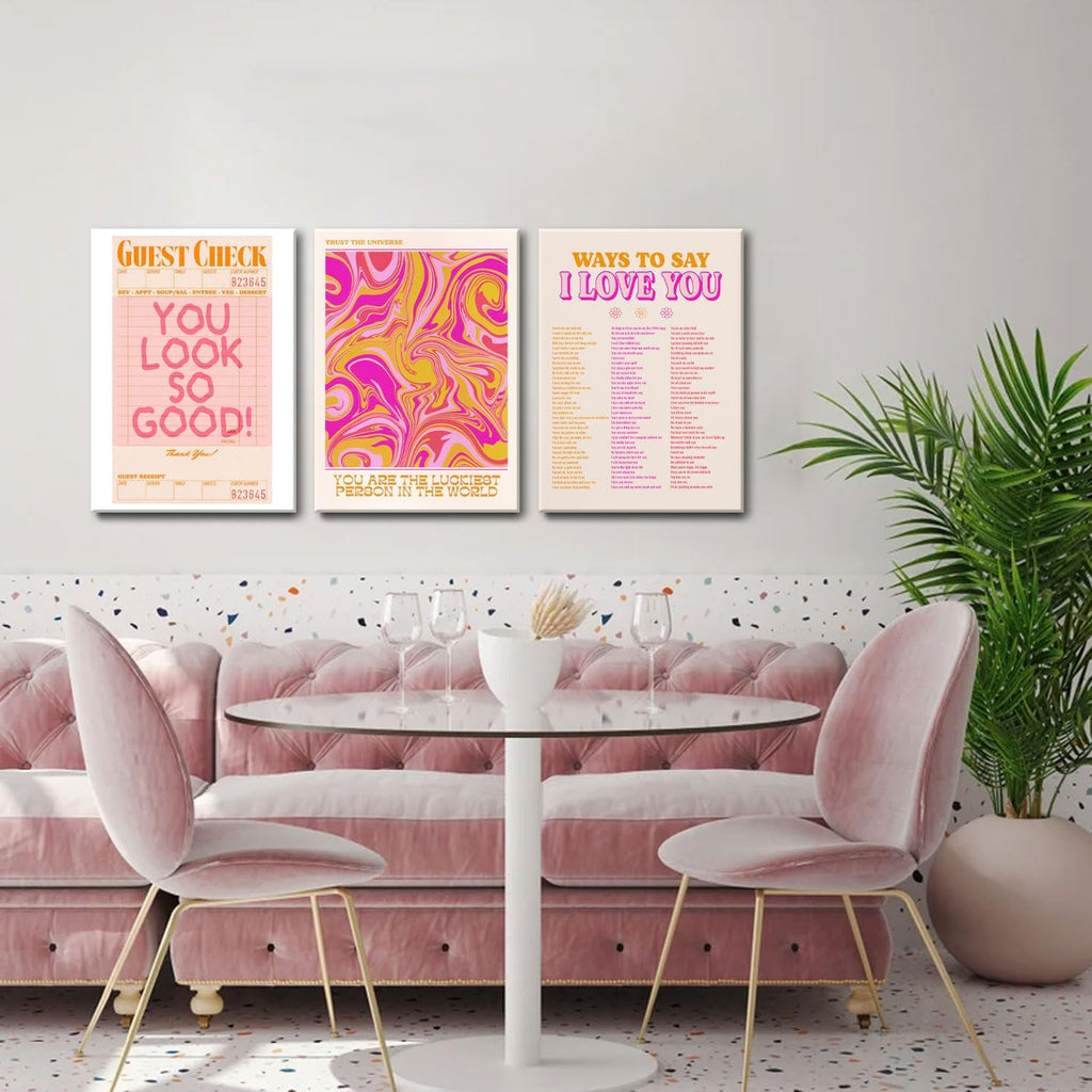 Pink Wall Decor - Canvas Art Set of 3 | Abstract Love Posters | Unique Framed Room Decor for Teens - 12x16''