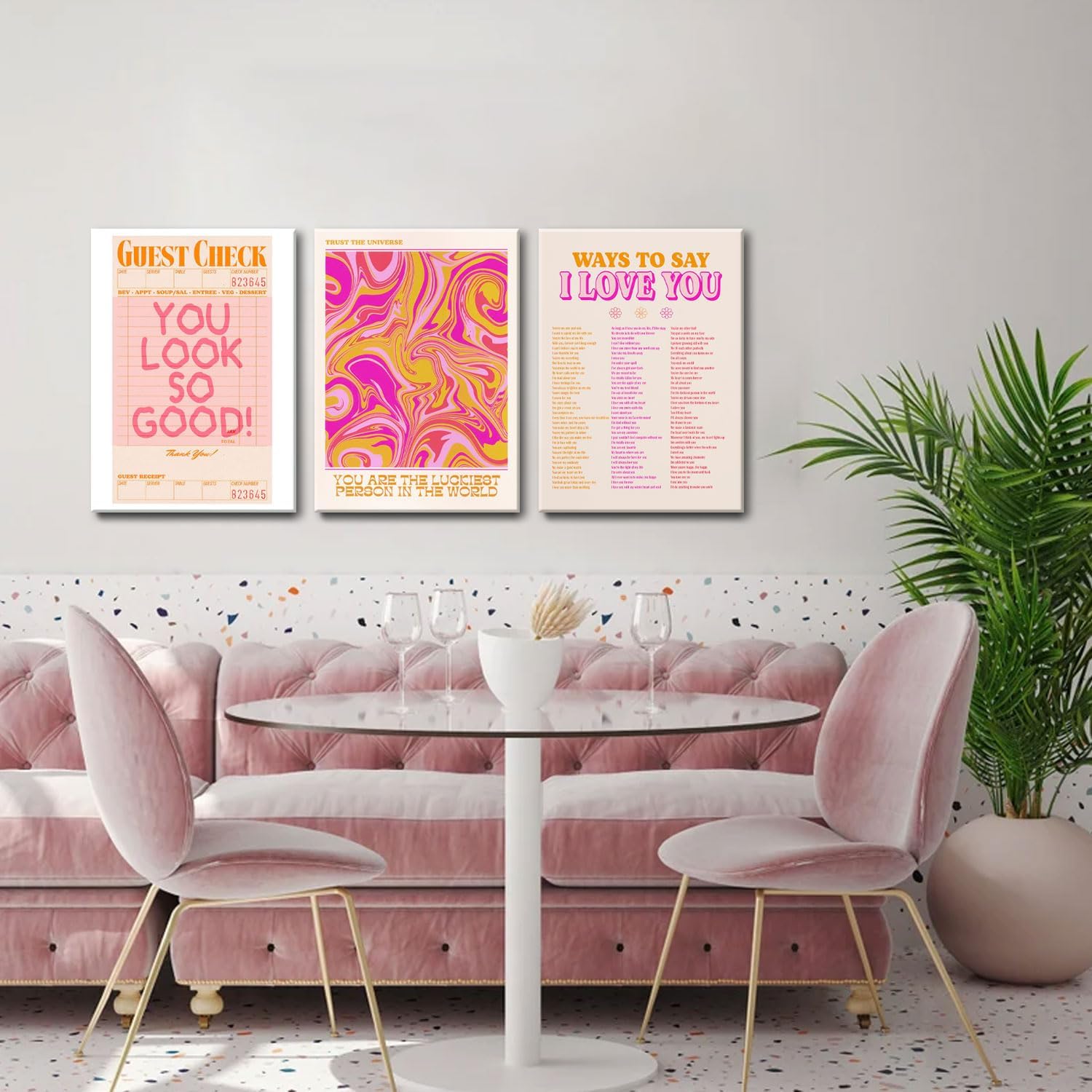 Pink Wall Decor - Canvas Art Set of 3 | Abstract Love Posters | Unique Framed Room Decor for Teens - 12x16''