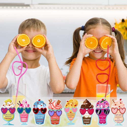 AouEtnay 32 Pack Valentines Day Cards Gifts for Kids Crazy Straw Valentines Gifts for Girls Boys Classroom Gift Exchange, School Prizes, Party Favors