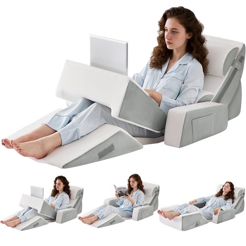 Paxato 9PCS Wedge Pillow Set for After Surgery Recovery, Adjustable Memory Foam Neck Pillow, Foam Leg Pillow, Relieves Neck, Leg Pain, Sleep Apnea, and Functions as a Reading Pillow, Gray