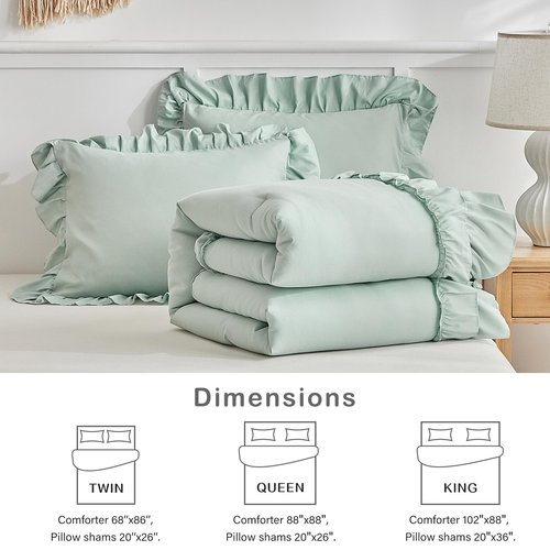 Flysheep Sage Green Ruffle Comforter Set Twin Size, 3 Pieces Vintage Farmhouse Shabby Chic Comforters, Solid Color Lightweight Soft Fluffy Bedding Sets for Kids (1 Ruffled Comforter + 2 Pillow Shams)